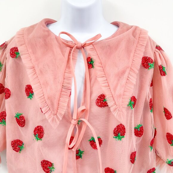 Lirika Matoshi Strawberry Print Tulle Tie Front Collared Cropped Blouse Top - Picture 4 of 11